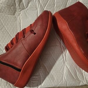 Ladeis Red Ankle Boots. Leather Like Material.